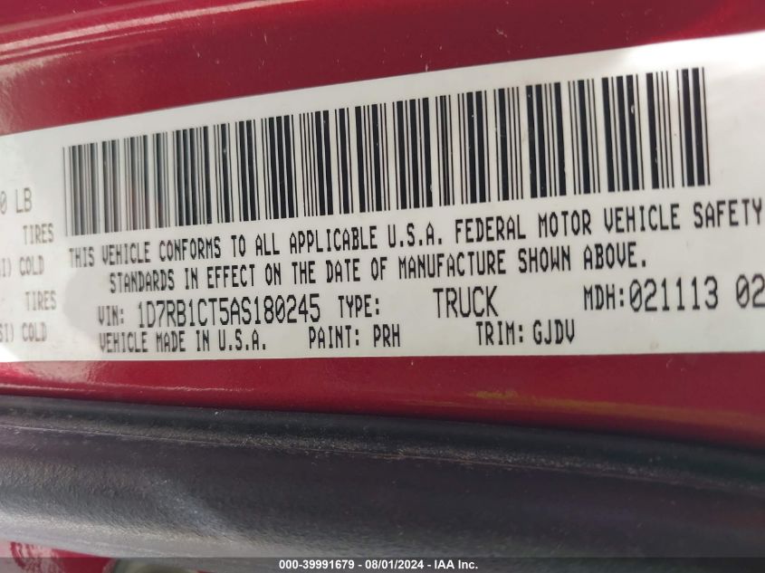 2010 Dodge Ram 1500 Laramie VIN: 1D7RB1CT5AS180245 Lot: 39991679