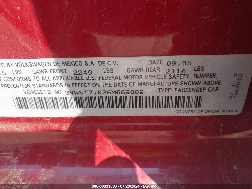 2006 Volkswagen Jetta Tdi VIN: 3VWST71K26M669009 Lot: 39991698