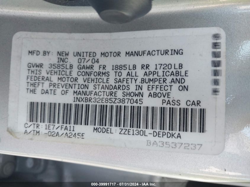 2005 Toyota Corolla Ce VIN: 1NXBR32E85Z387045 Lot: 39991717