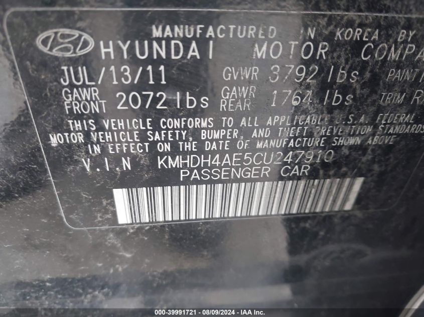 2012 Hyundai Elantra Gls (Ulsan Plant) VIN: KMHDH4AE5CU247910 Lot: 39991721