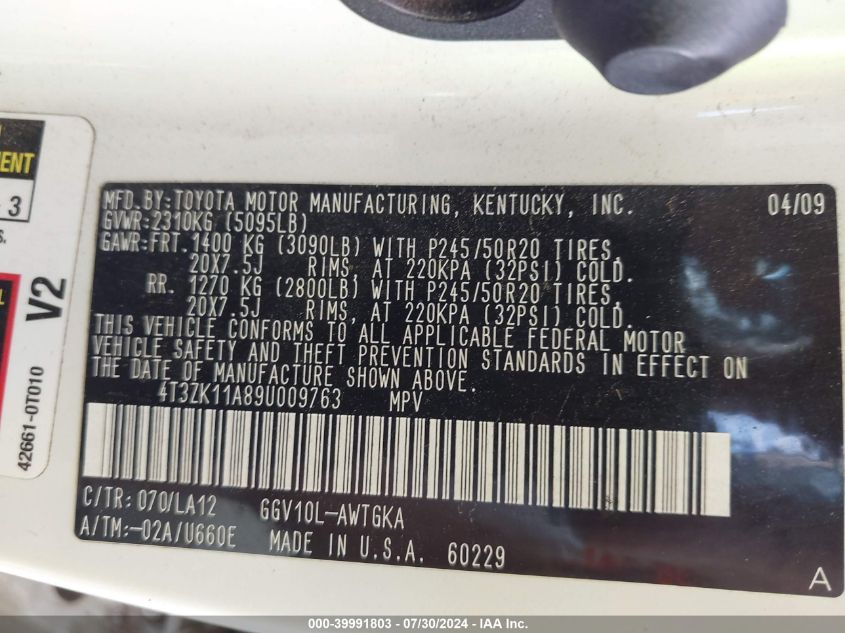 2009 Toyota Venza Base V6 VIN: 4T3ZK11A89U009763 Lot: 39991803