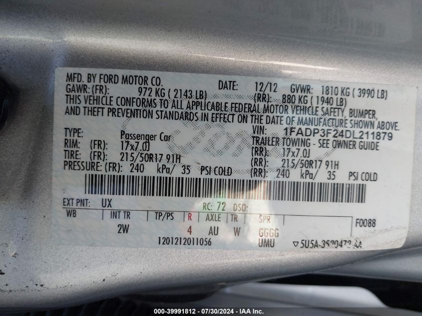 2013 FORD FOCUS SE - 1FADP3F24DL211879