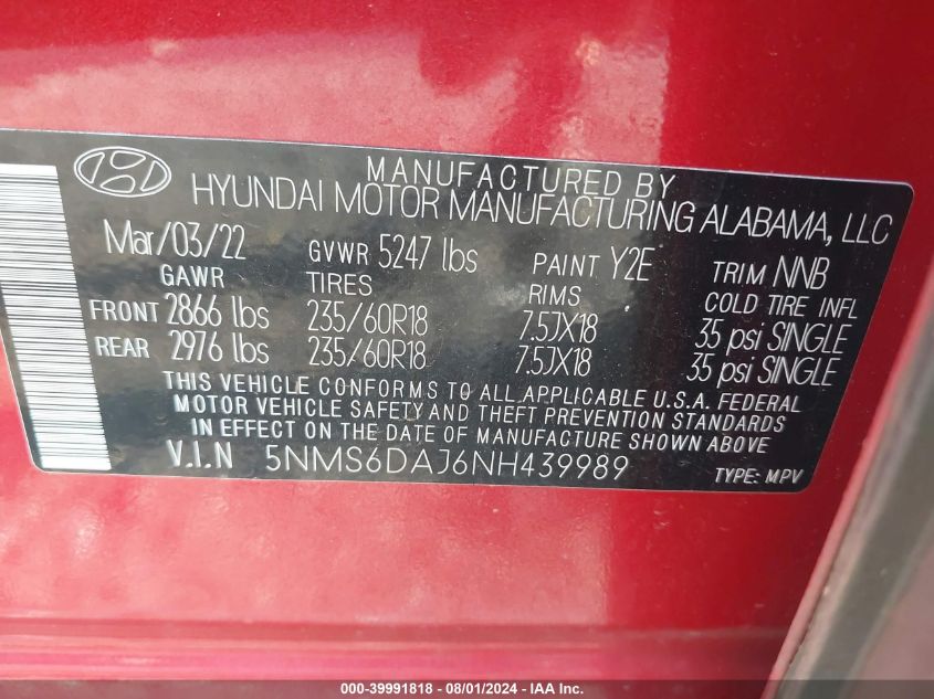 2022 Hyundai Santa Fe Xrt VIN: 5NMS6DAJ6NH439989 Lot: 39991818