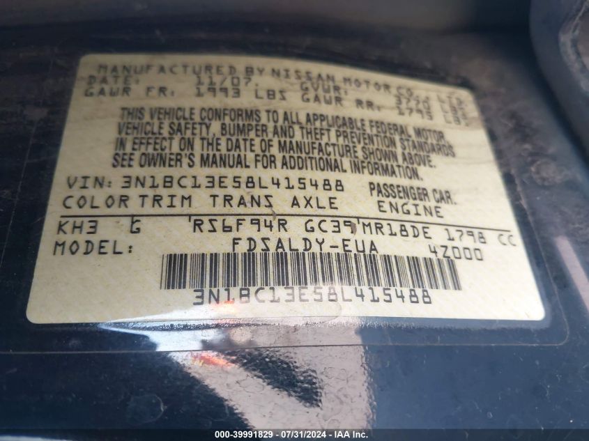 2008 Nissan Versa S/Sl VIN: 3N1BC13E58L415488 Lot: 39991829