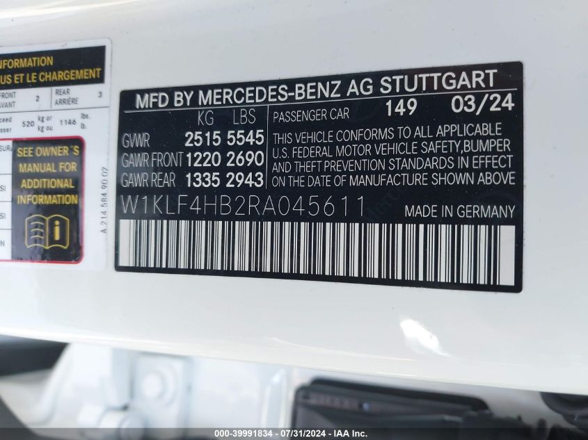 2024 Mercedes-Benz E 350 VIN: W1KLF4HB2RA045611 Lot: 39991834