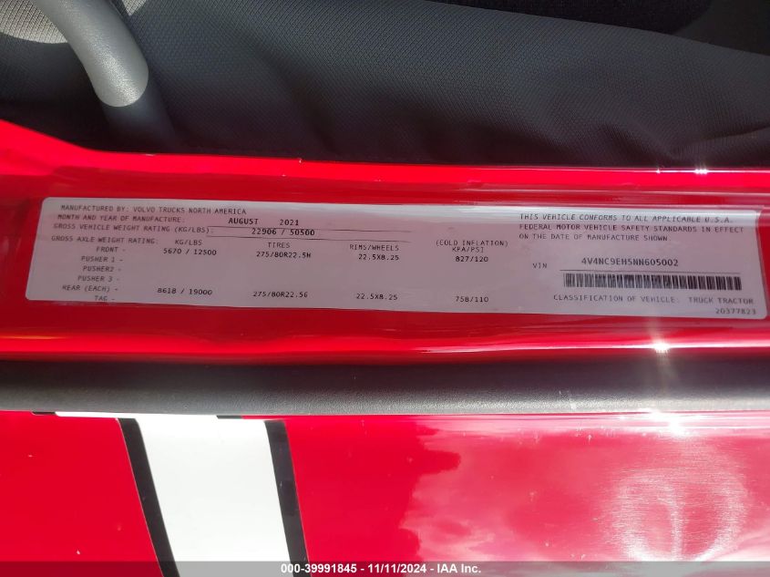 2022 Volvo Vnl VIN: 4V4NC9EH5NN605002 Lot: 39991845