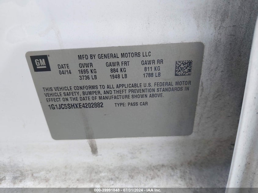 2014 Chevrolet Sonic Lt VIN: 1G1JC5SHXE4202882 Lot: 39991848
