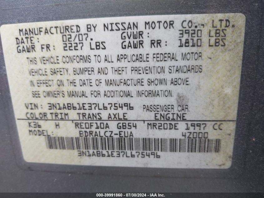 2007 Nissan Sentra 2.0 VIN: 3N1AB61E37L675496 Lot: 39991860