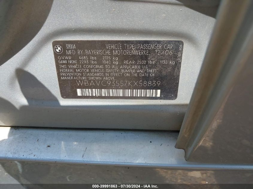2007 BMW 328 Xi VIN: WBAVC93557KX58839 Lot: 39991863