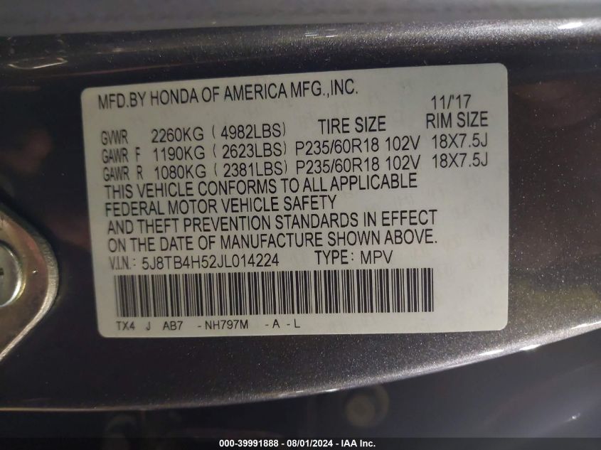 2018 Acura Rdx Technology Acurawatch Plus Packages/Technology Package VIN: 5J8TB4H52JL014224 Lot: 39991888