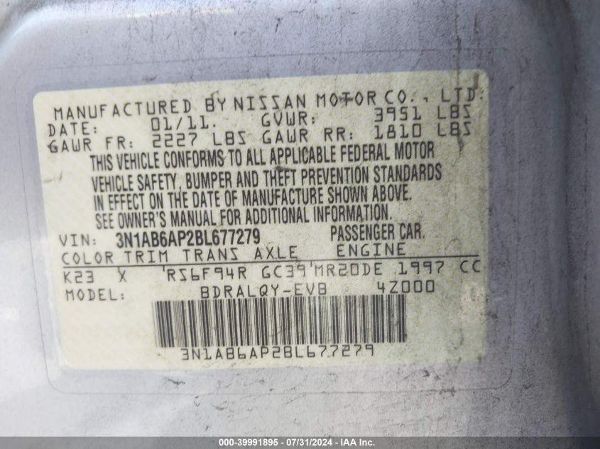 2011 Nissan Sentra 2.0/2.0S/Sr/2.0Sl VIN: 3N1AB6AP2BL677279 Lot: 39991895