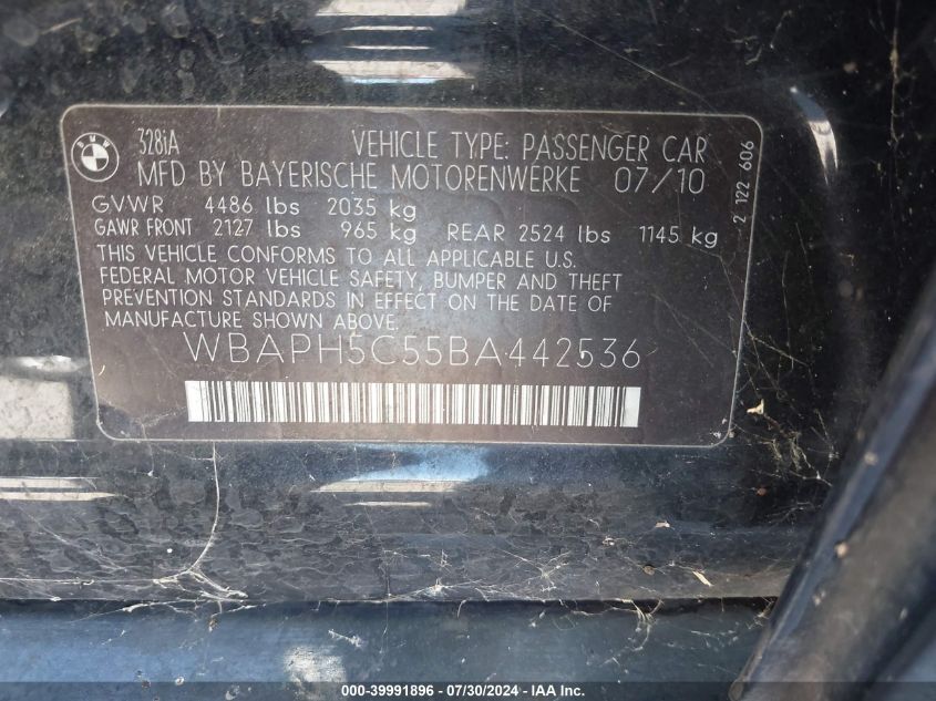 2011 BMW 328I VIN: WBAPH5C55BA442536 Lot: 39991896