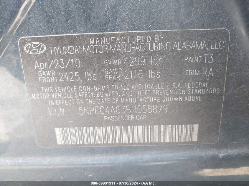 2011 Hyundai Sonata Se VIN: 5NPEC4AC3BH058879 Lot: 39991911