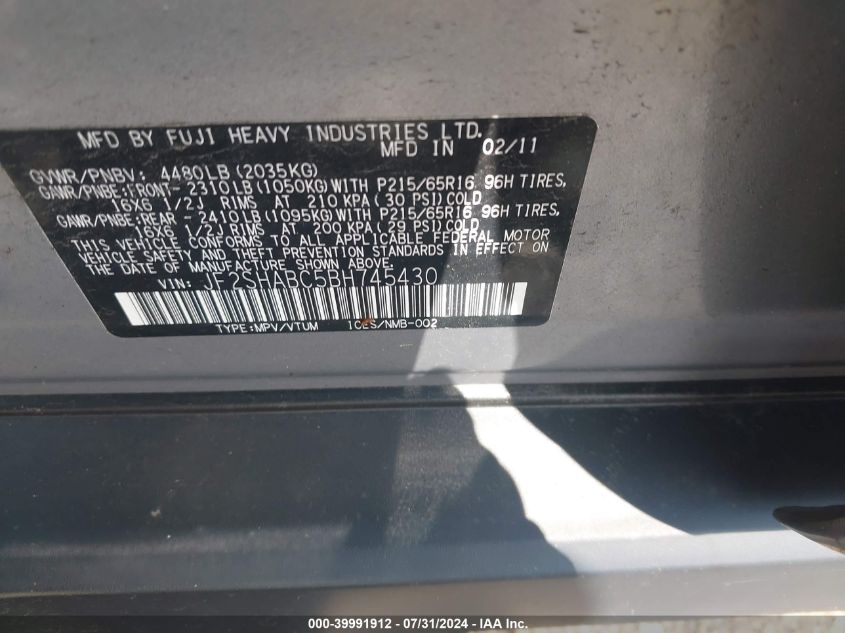 2011 Subaru Forester 2.5X VIN: JF2SHABC5BH745430 Lot: 39991912