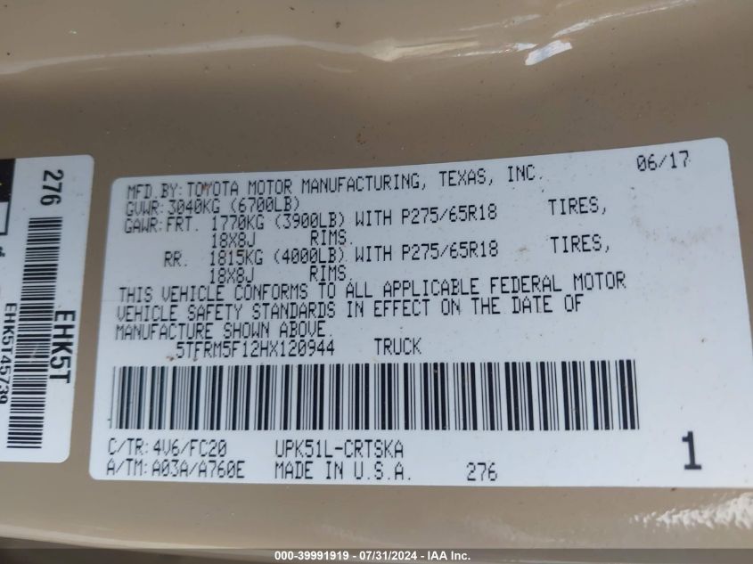 VIN 5TFRM5F12HX120944 2017 TOYOTA TUNDRA SR5 4.6L V8