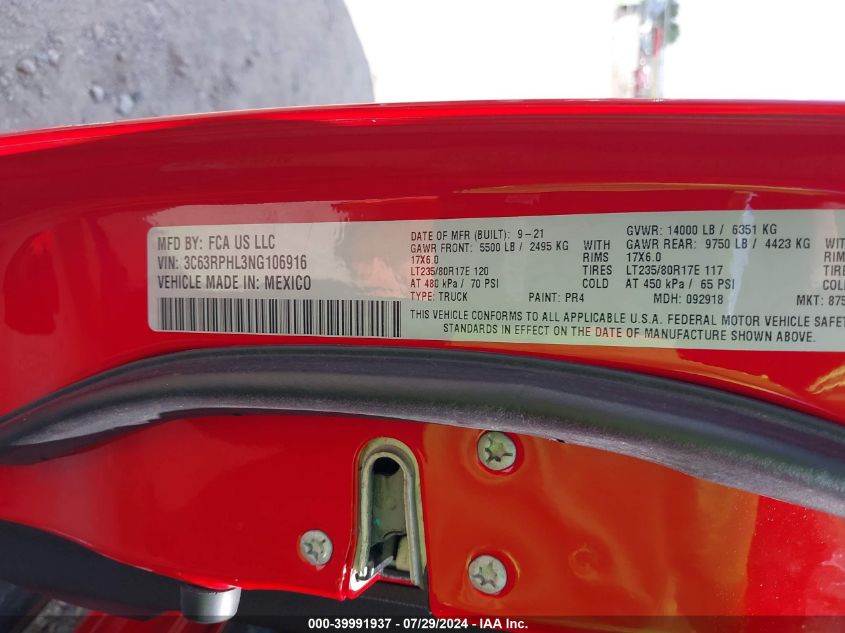 2022 Ram 3500 Big Horn 4X2 8' Box VIN: 3C63RPHL3NG106916 Lot: 39991937