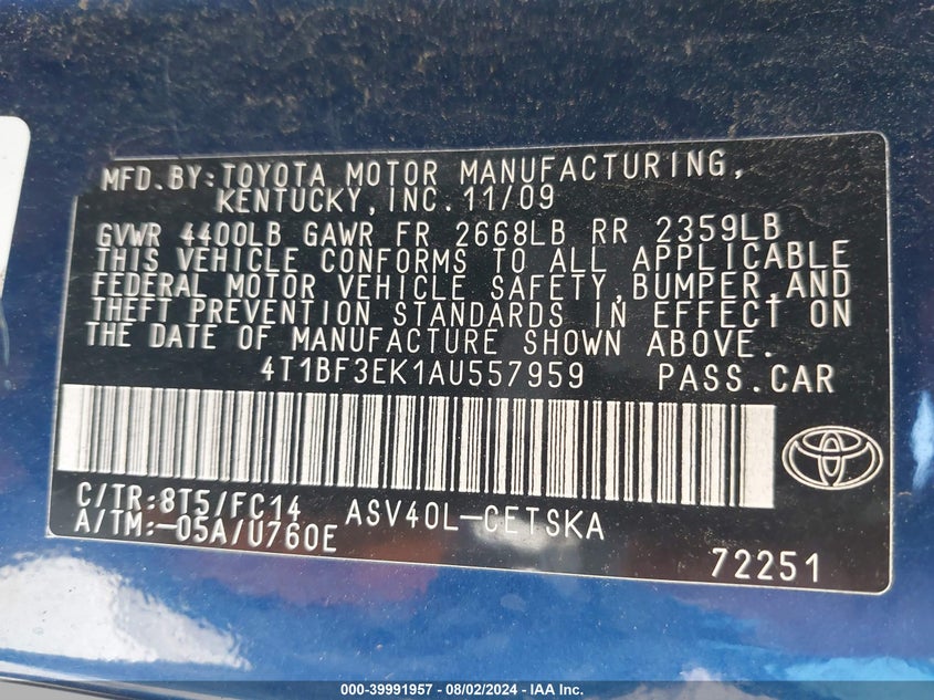 2010 Toyota Camry Se VIN: 4T1BF3EK1AU557959 Lot: 39991957