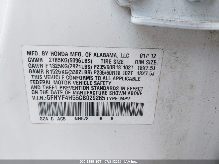 2012 Honda Pilot Ex-L VIN: 5FNYF4H55CB029265 Lot: 39991977