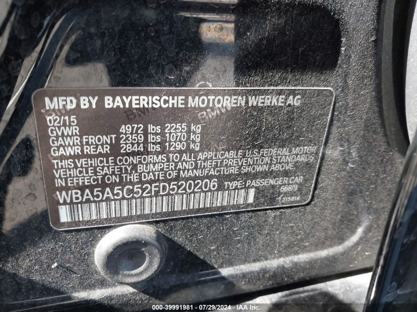 2015 BMW 528I VIN: WBA5A5C52FD520206 Lot: 39991981