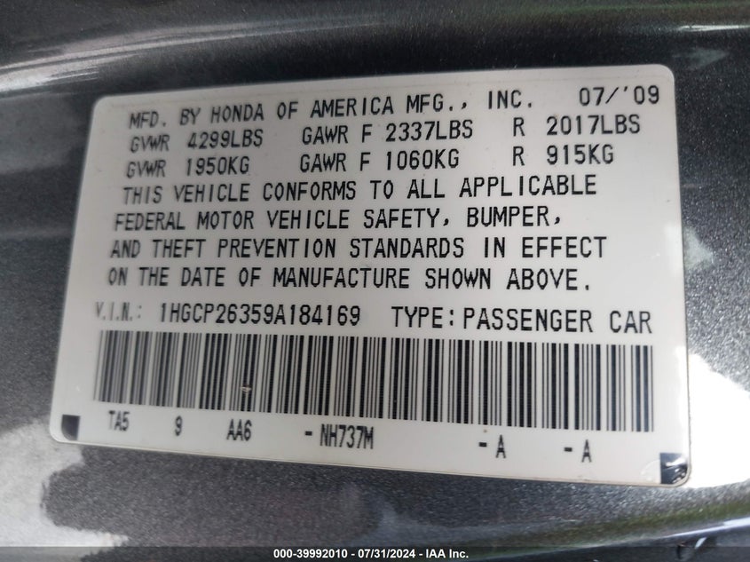 2009 Honda Accord 2.4 Lx VIN: 1HGCP26359A184169 Lot: 39992010