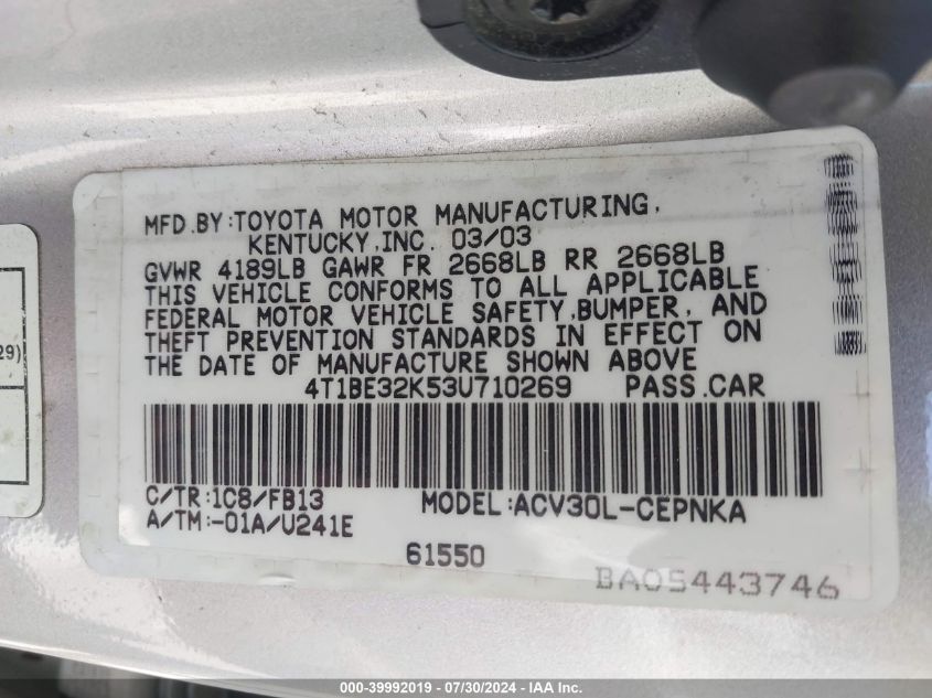 2003 Toyota Camry Le VIN: 4T1BE32K53U710269 Lot: 39992019