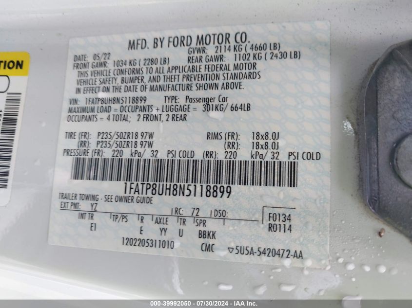 1FATP8UH8N5118899 | 2022 FORD MUSTANG