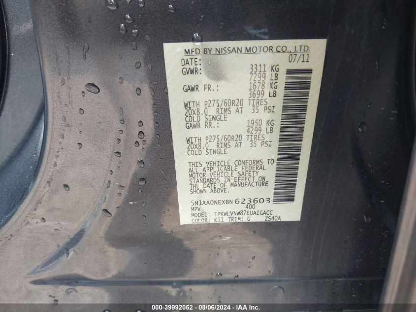 2011 Nissan Armada Platinum VIN: 5N1AA0NEXBN623603 Lot: 39992052