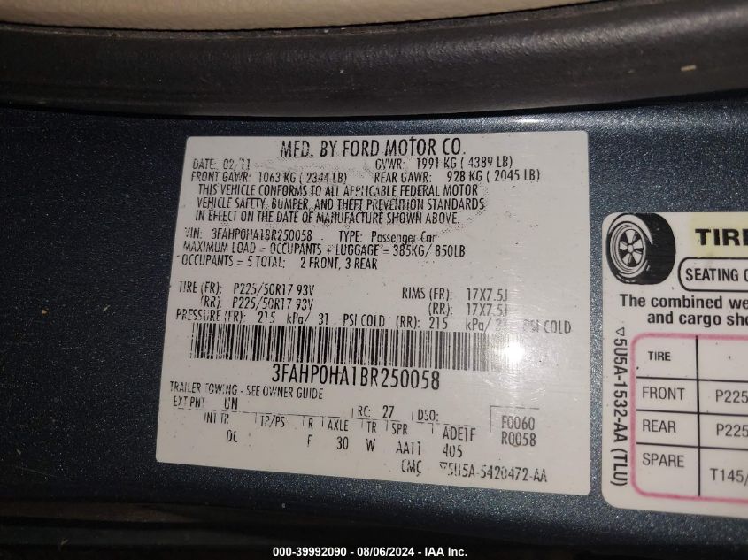 2011 Ford Fusion Se VIN: 3FAHP0HA1BR250058 Lot: 39992090