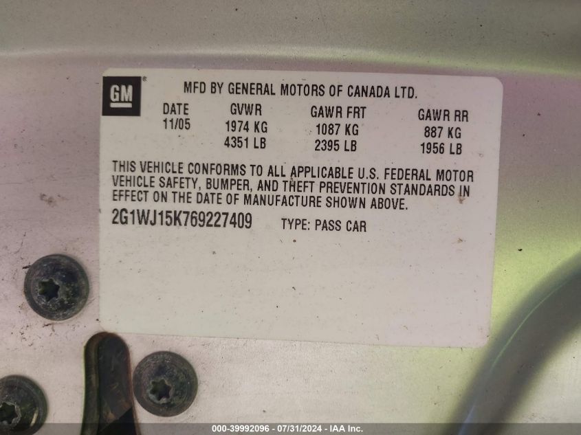 2006 Chevrolet Monte Carlo Ls VIN: 2G1WJ15K769227409 Lot: 39992096