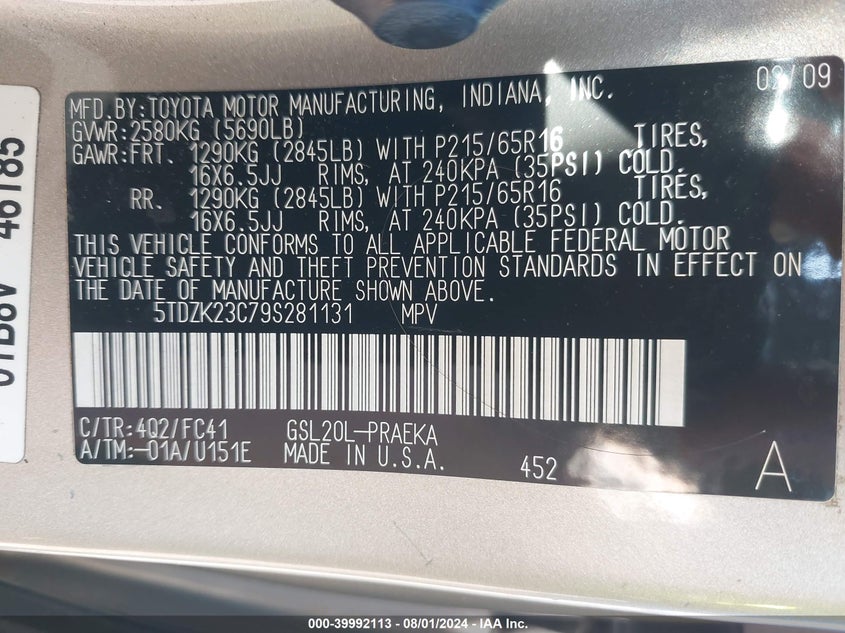 2009 Toyota Sienna Le VIN: 5TDZK23C79S281131 Lot: 39992113