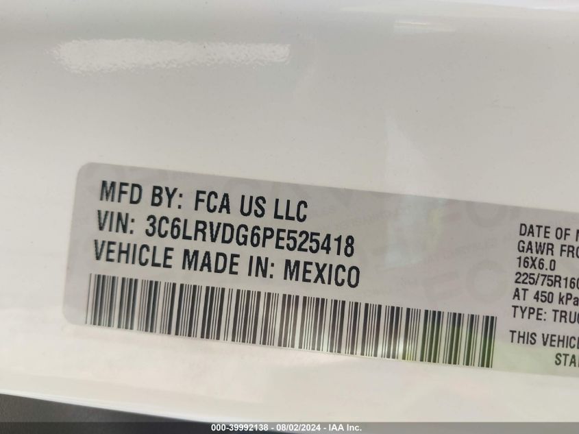 2023 Ram Promaster 2500 2500 High VIN: 3C6LRVDG6PE525418 Lot: 39992138