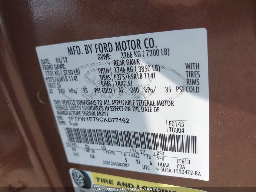 2012 Ford F-150 Lariat VIN: 1FTFW1ET9CKD77162 Lot: 39992207