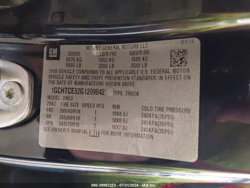 2016 Chevrolet Colorado Lt VIN: 1GCHTCE32G1209842 Lot: 39992213