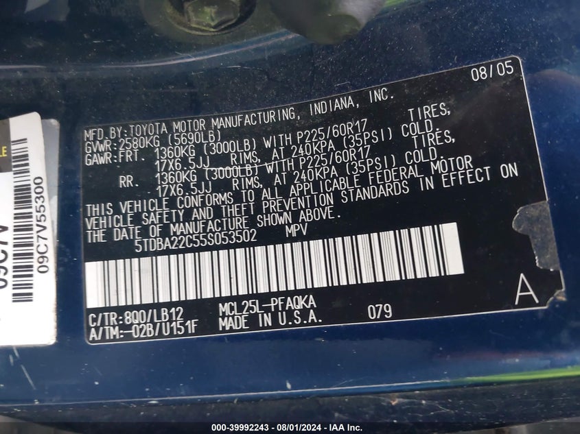 2005 Toyota Sienna Xle Limited VIN: 5TDBA22C55S053502 Lot: 39992243