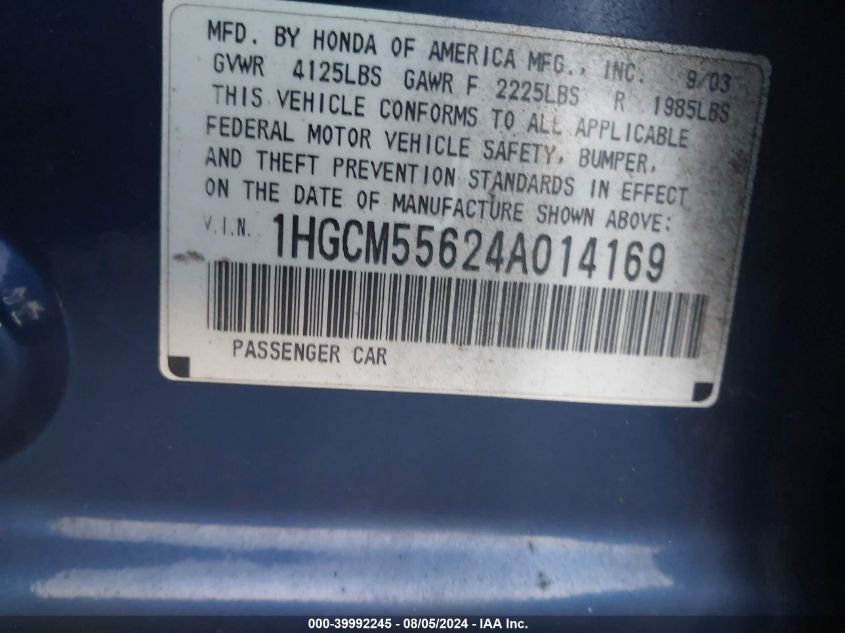 2004 Honda Accord 2.4 Ex VIN: 1HGCM55624A014169 Lot: 39992245