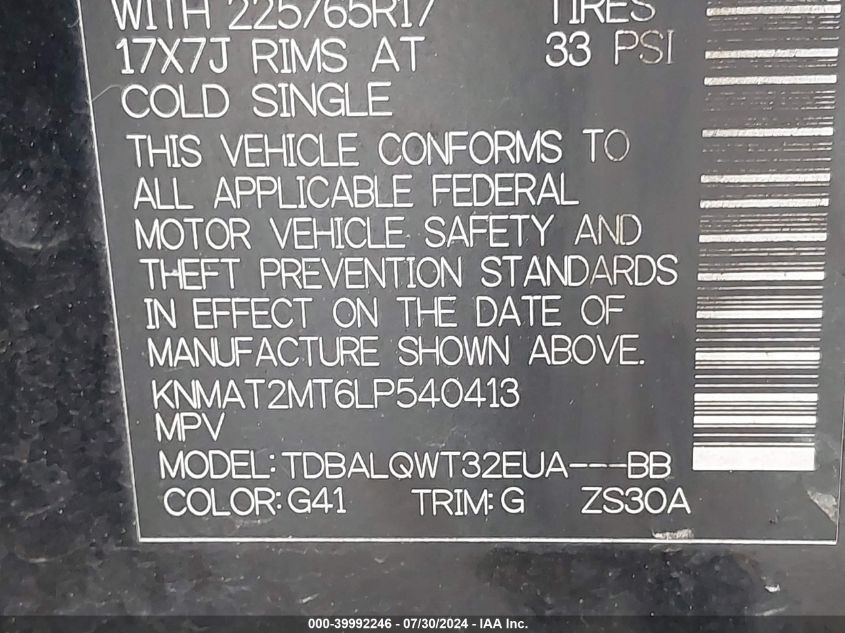 2020 Nissan Rogue Sv Fwd VIN: KNMAT2MT6LP540413 Lot: 39992246