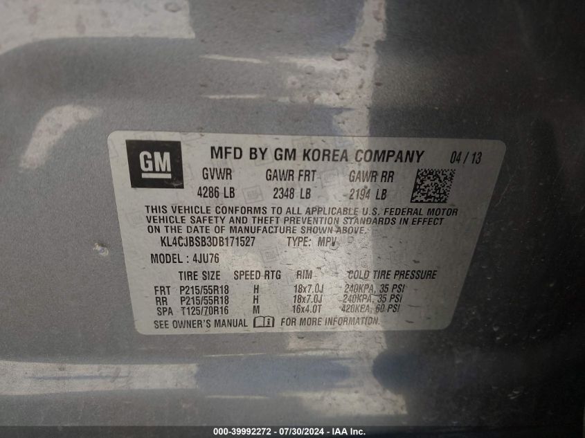 2013 Buick Encore Convenience VIN: KL4CJBSB3DB171527 Lot: 39992272