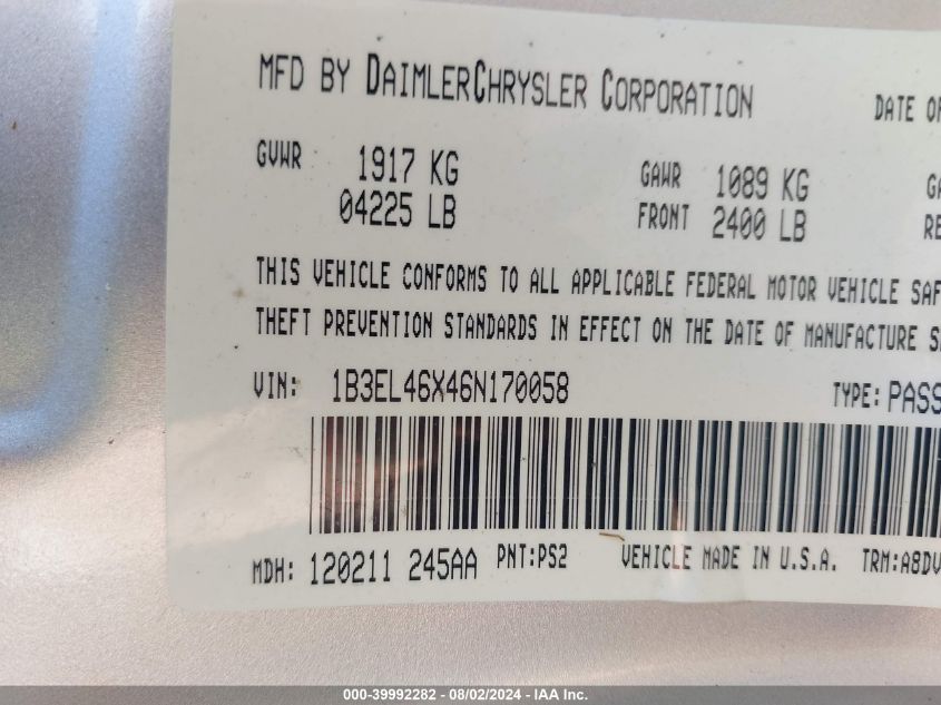 2006 Dodge Stratus Sxt VIN: 1B3EL46X46N170058 Lot: 39992282