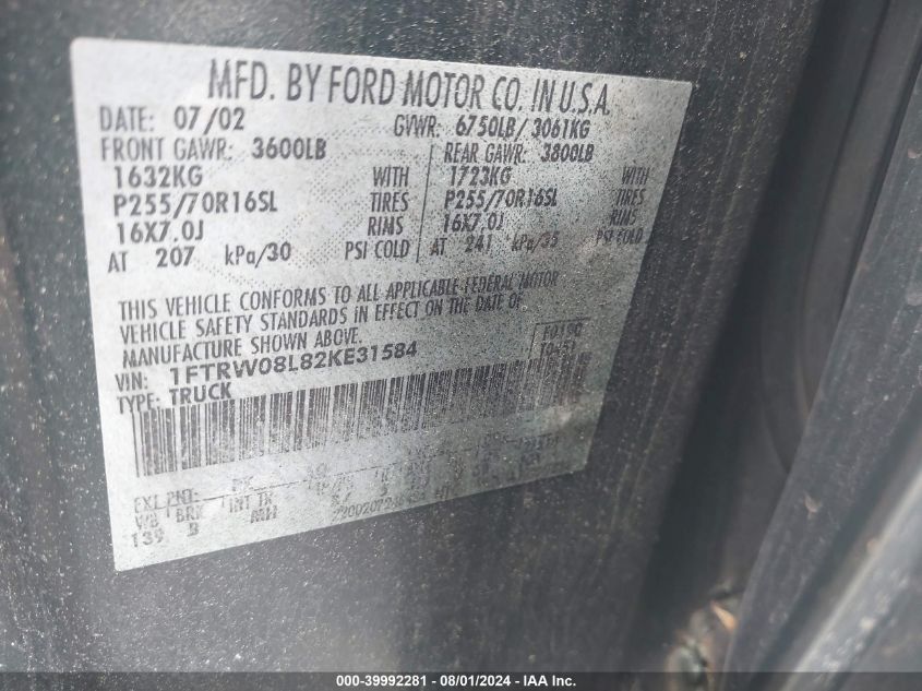 2002 Ford F-150 Lariat/Xlt VIN: 1FTRW08L82KE31584 Lot: 39992281