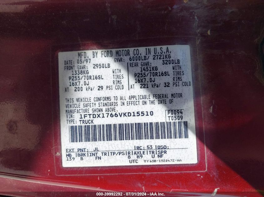 1997 Ford F-150 Lariat/Standard/Xl/Xlt VIN: 1FTDX1766VKD15510 Lot: 39992292