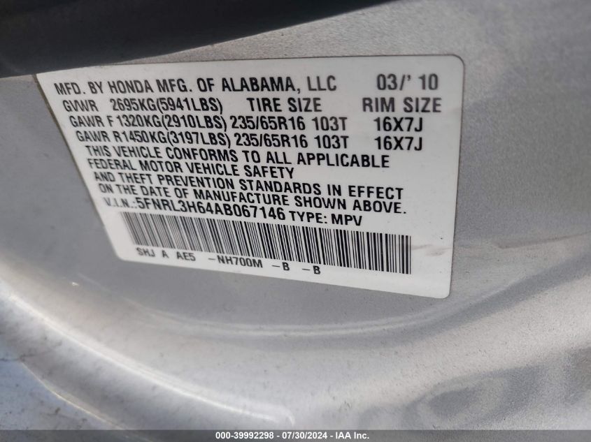 2010 Honda Odyssey Ex-L VIN: 5FNRL3H64AB067146 Lot: 39992298