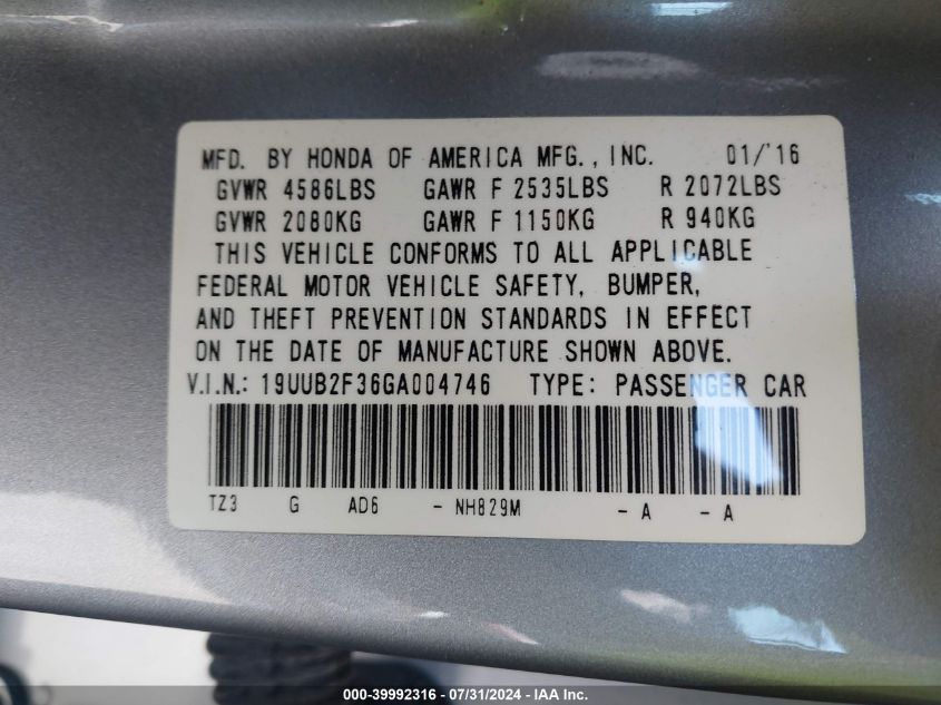 2016 Acura Tlx V6 VIN: 19UUB2F36GA004746 Lot: 39992316