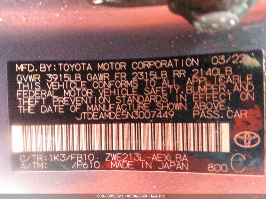 2022 Toyota Corolla Hybrid Le VIN: JTDEAMDE5N3007449 Lot: 39992323