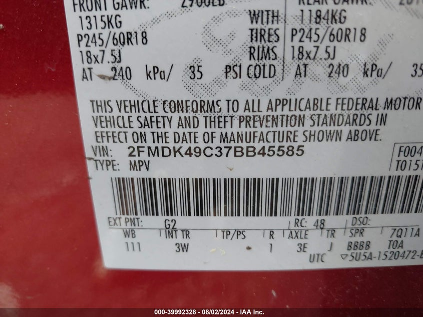 2007 Ford Edge Sel Plus VIN: 2FMDK49C37BB45585 Lot: 39992328