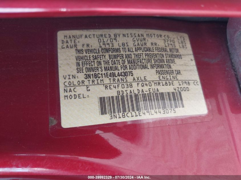 2009 Nissan Versa 1.8S VIN: 3N1BC11E49L443075 Lot: 39992329