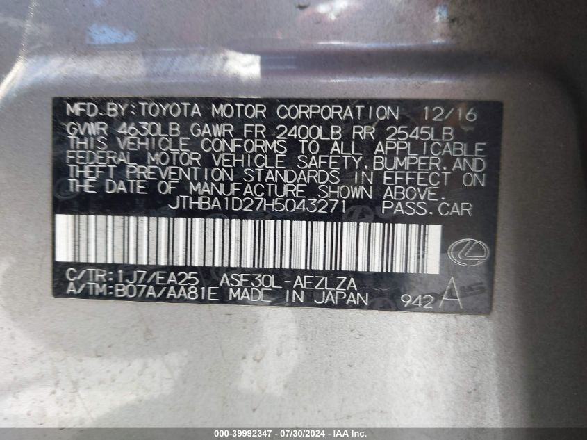 2017 Lexus Is 200T VIN: JTHBA1D27H5043271 Lot: 39992347