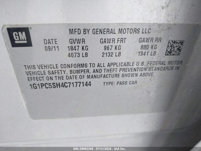 2012 Chevrolet Cruze Ls VIN: 1G1PC5SH4C7177144 Lot: 39992349