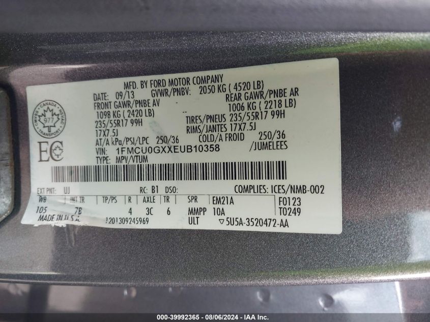 2014 Ford Escape Se VIN: 1FMCU0GXXEUB10358 Lot: 39992365