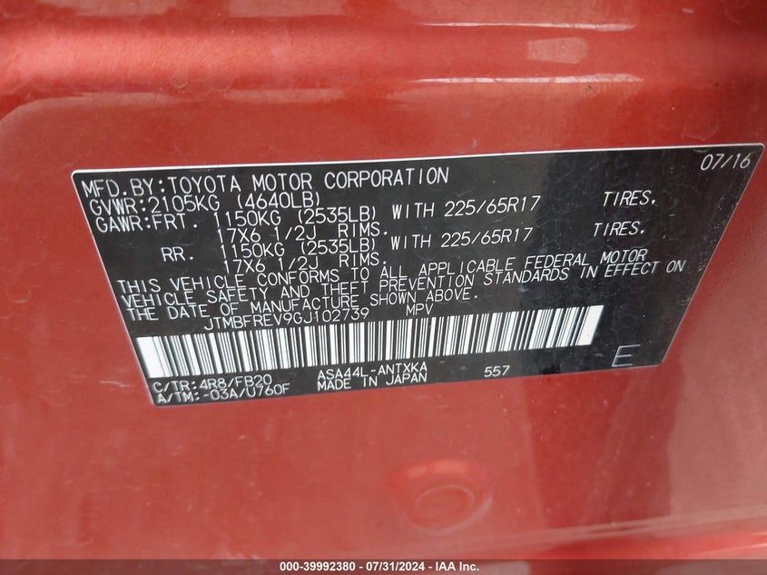 2016 TOYOTA RAV4 LE - JTMBFREV9GJ102739