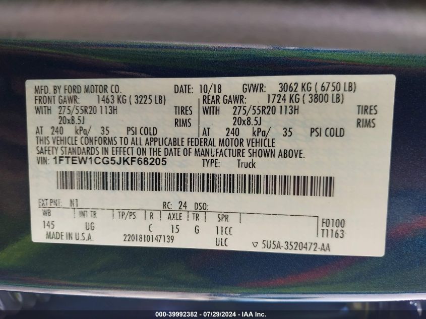 2018 Ford F-150 Xlt VIN: 1FTEW1CG5JKF68205 Lot: 39992382